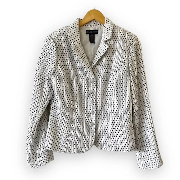 Cachet Evening White Crinkle Jacket Black Dot Sparkle Button Size 8 New With Tag - Picture 1 of 9